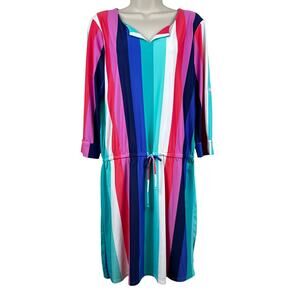 Cabana Life Dress Drawstring Waist Stripes Beach Swim Cover Up Pink Blue Large